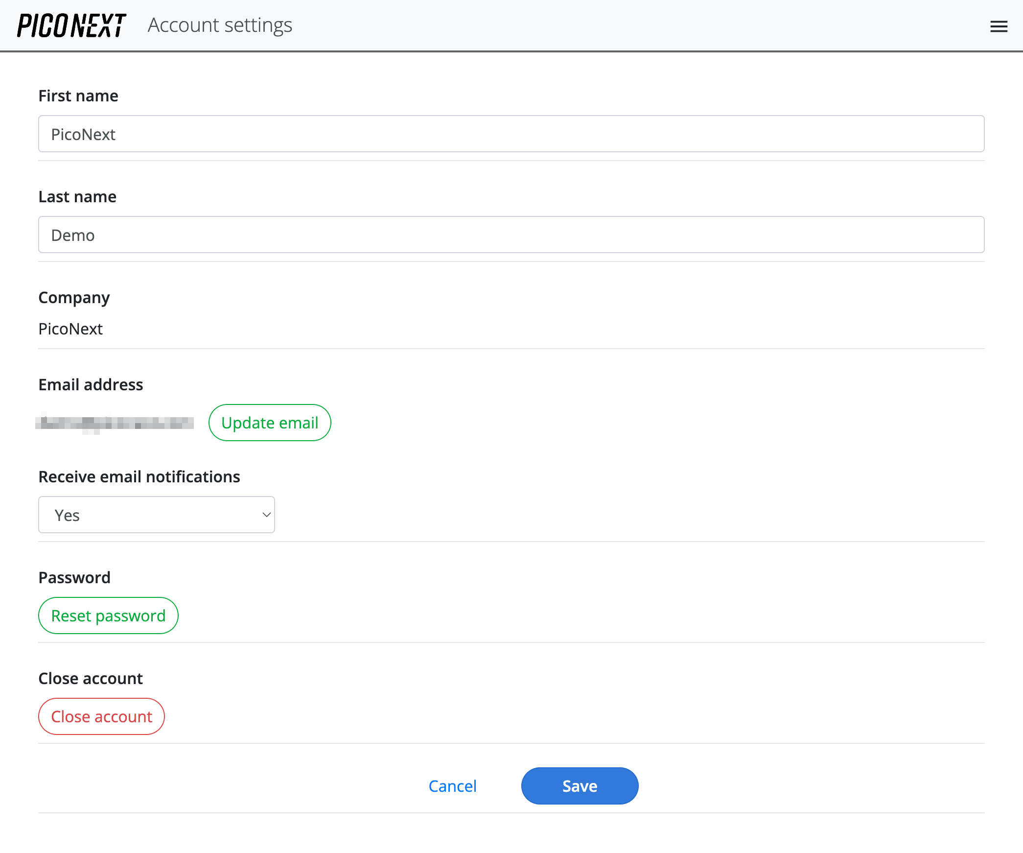 Close your account - PicoNext