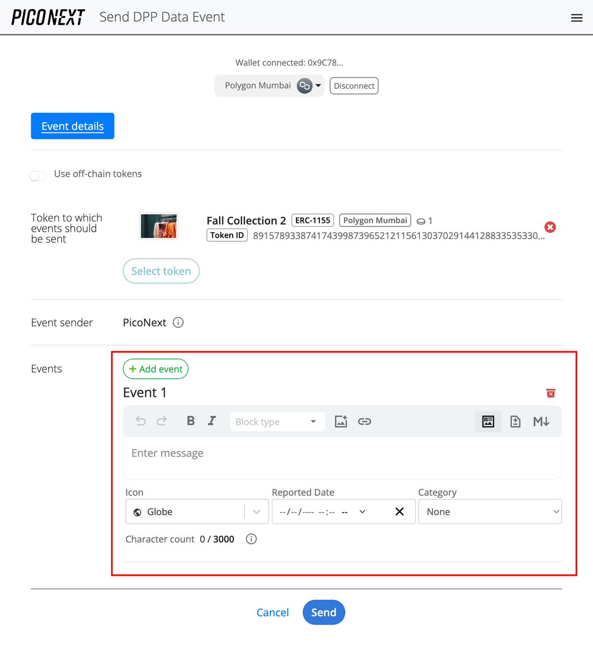 Send a blockchain DPP Data Event - PicoNext